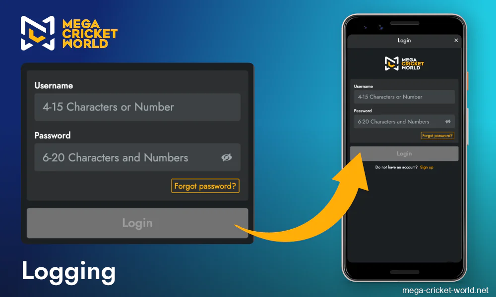 Mega Cricket World app login steps