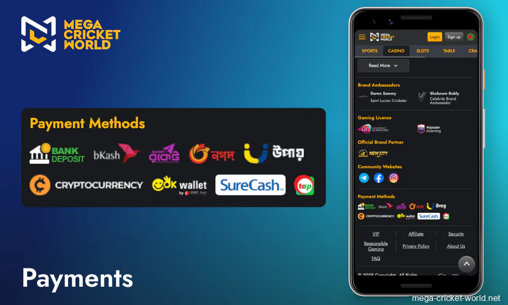 Mega Cricket World Mobile App Payments Options